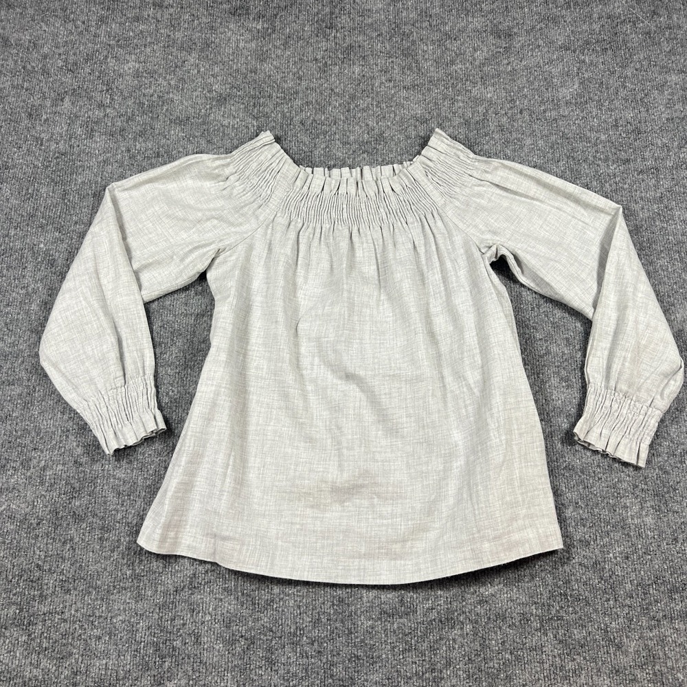 Loft Off The Shoulder Blouse Top Womens Small Heathered Gray Cotton Smocked Neck